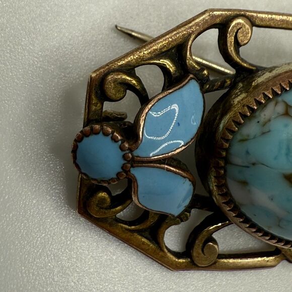 Turquoise brass brooch vintage source unknown - Picture 13 of 13